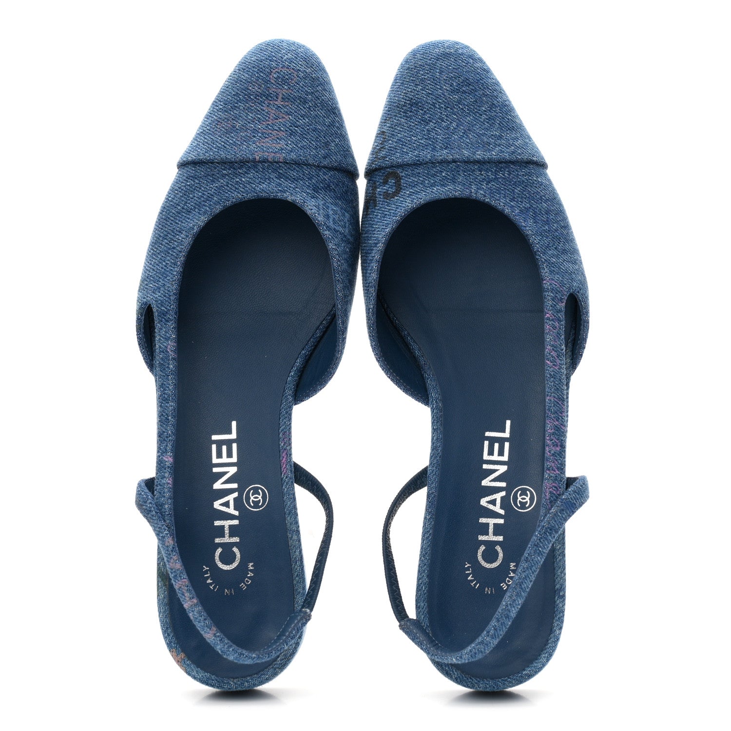 Chanel Denim Printed Denim Mood Cap Toe CC Slingback Flats 36.5 Light Blue Multicolor 2 of 9
