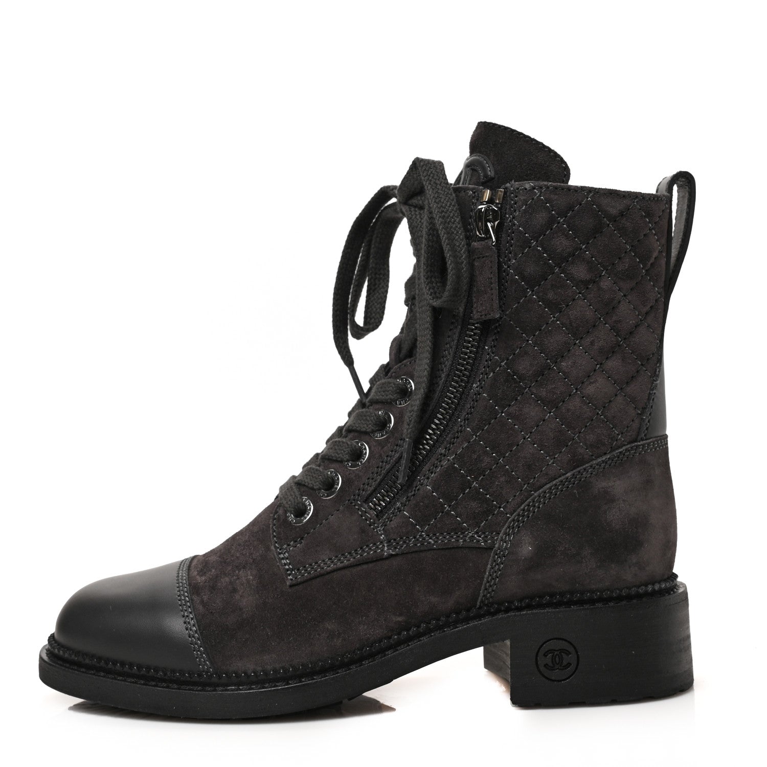 Chanel Suede Calfskin Quilted Lace Up Boots 36.5 Grey 1 of 6
