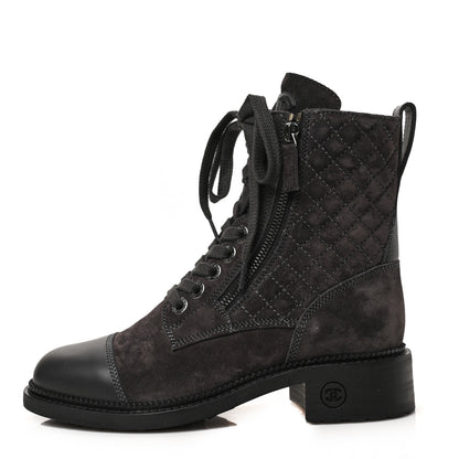 Chanel Suede Calfskin Quilted Lace Up Boots 36.5 Grey 1 of 6