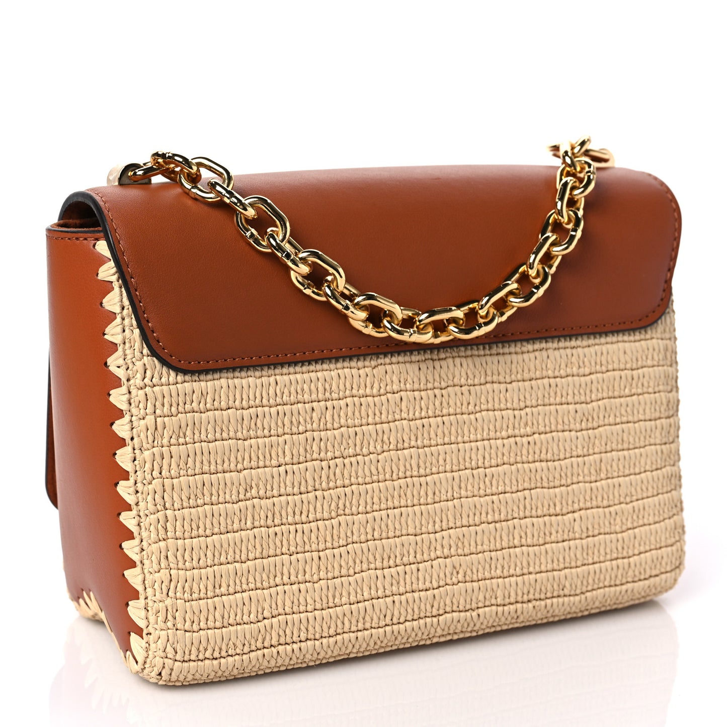Calfskin Raffia Twist Shoulder Bag MM Caramel