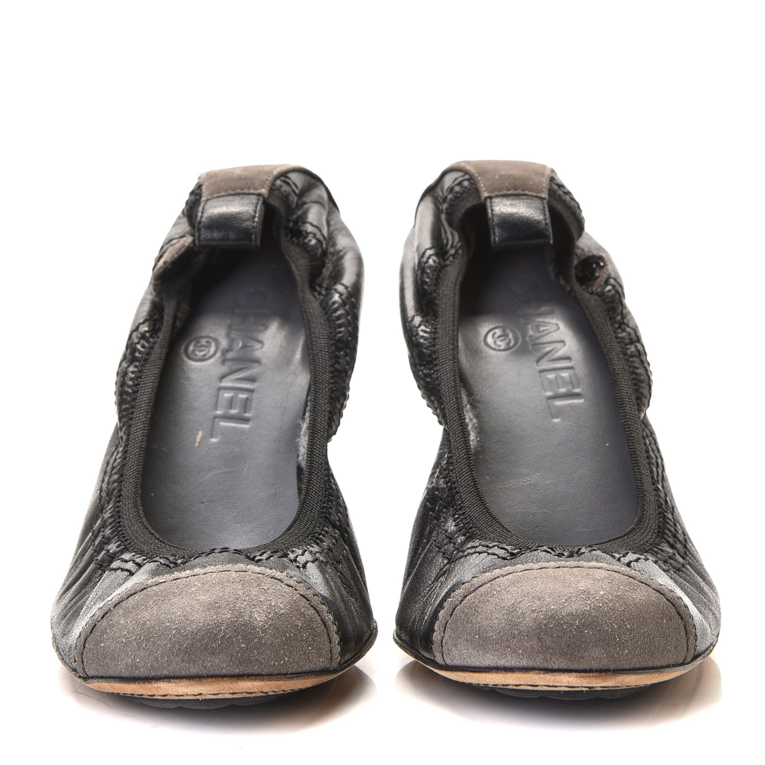 Chanel Lambskin Suede CC Elastic Cap Toe Ballerina Pumps 38 Black Grey 5 of 11