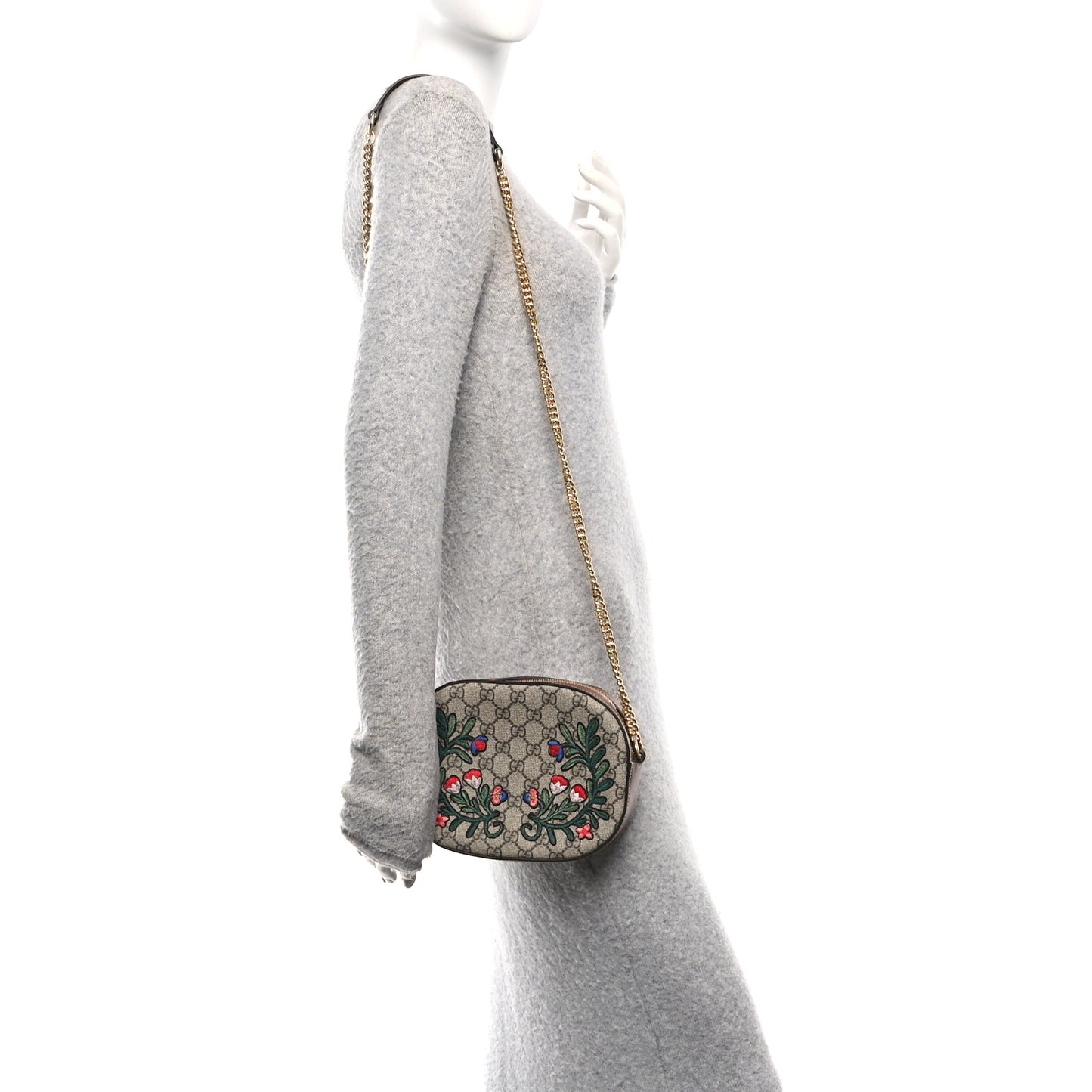 GG Supreme Monogram Floral Embroidered Mini Chain Shoulder Bag Beige Ebony Tuscany