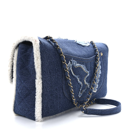 Chanel Denim Shearling Hieroglyph Flap Blue 3 of 12