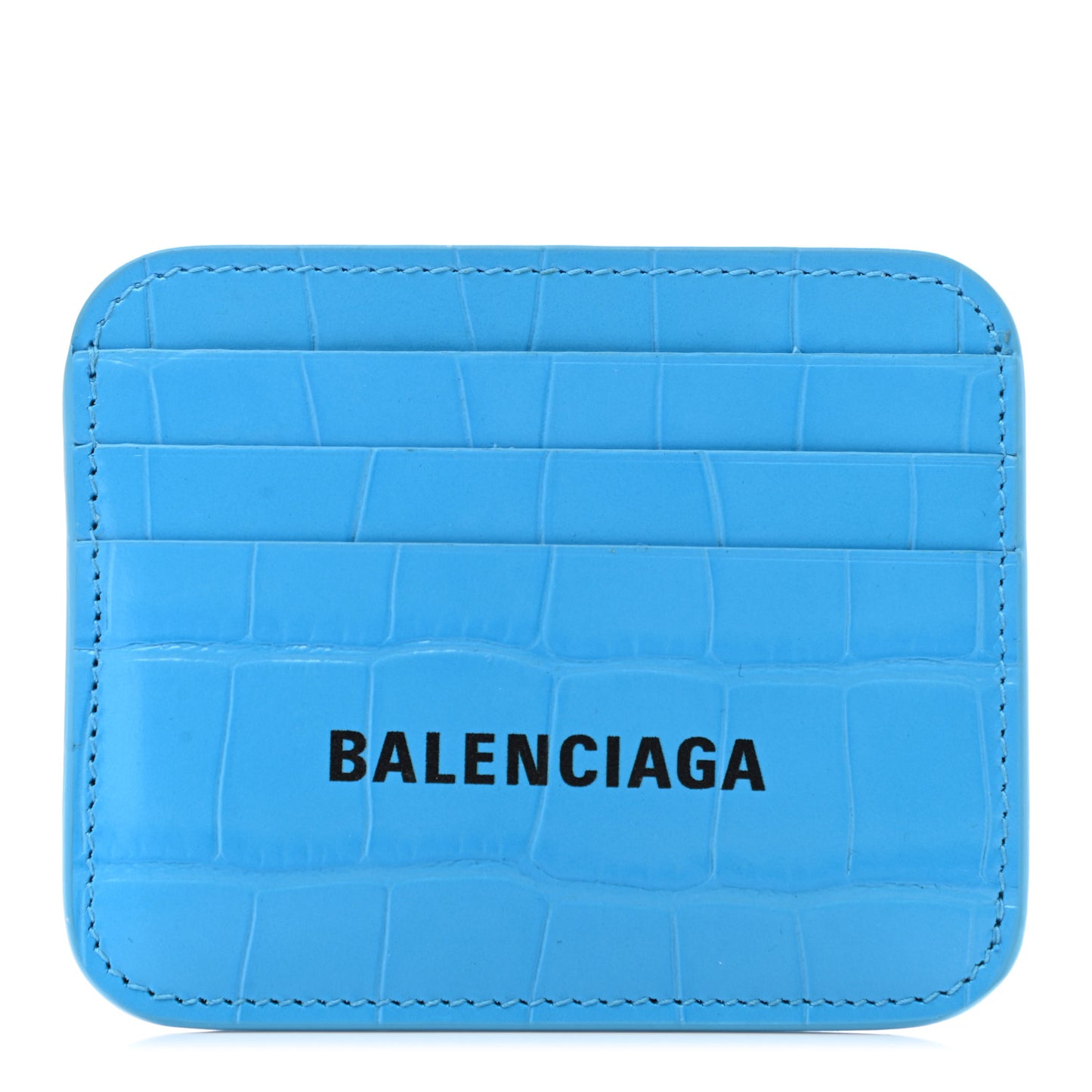 Calfskin Logo Crocodile Embossed Cash Rounded Card Holder Cyan Black