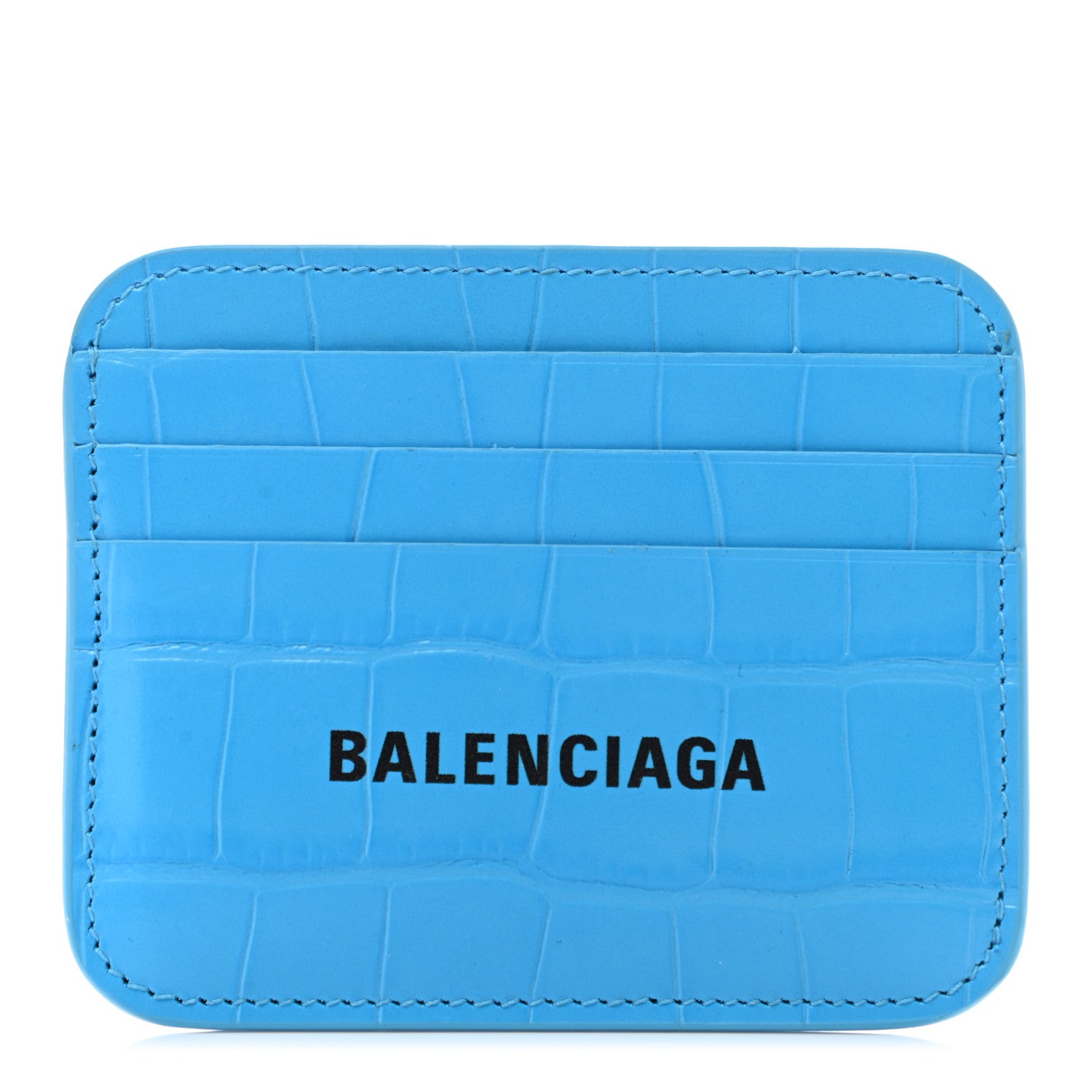 Balenciaga Calfskin Logo Crocodile Embossed Cash Rounded Card Holder Cyan Black 1 of 8