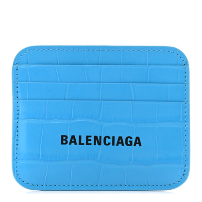 Balenciaga Calfskin Logo Crocodile Embossed Cash Rounded Card Holder Cyan Black 1 of 8