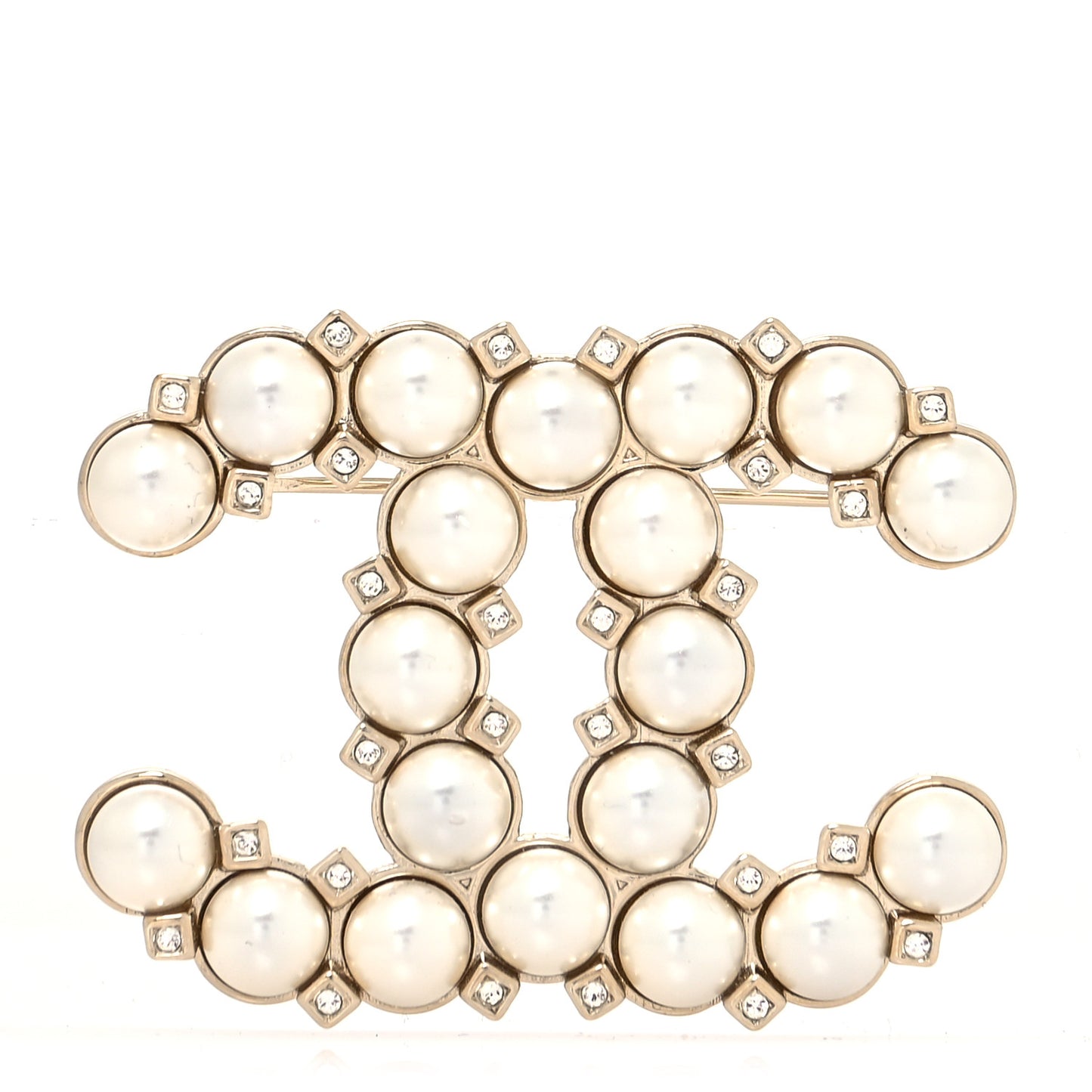 Pearl Crystal CC Brooch Gold