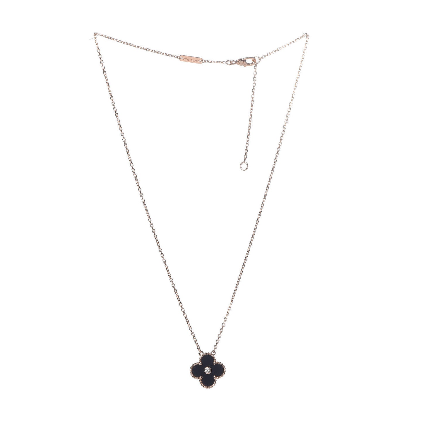 18K Rose Gold Diamond Black Onyx Vintage Alhambra Pendant Necklace