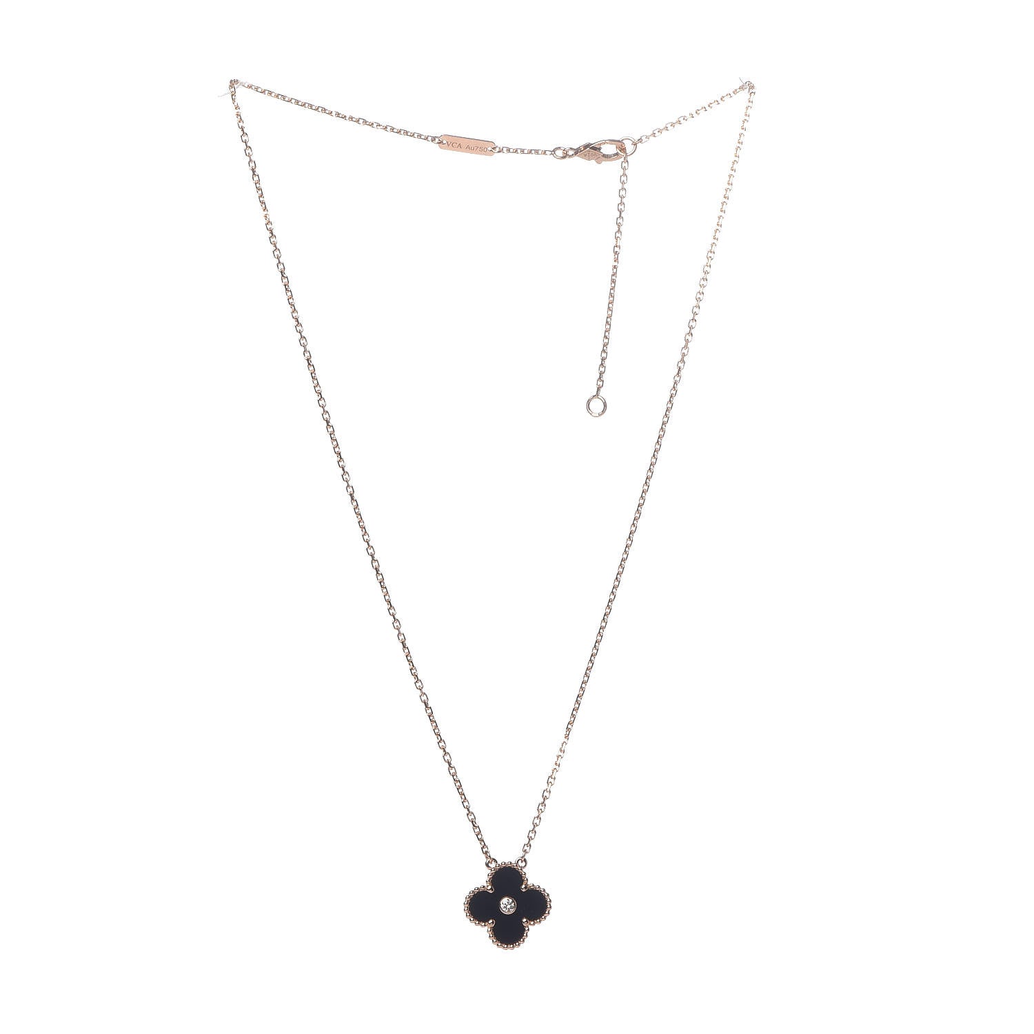 Van Cleef & Arpels 18K Rose Gold Diamond Black Onyx Vintage Alhambra Pendant Necklace 3 of 6
