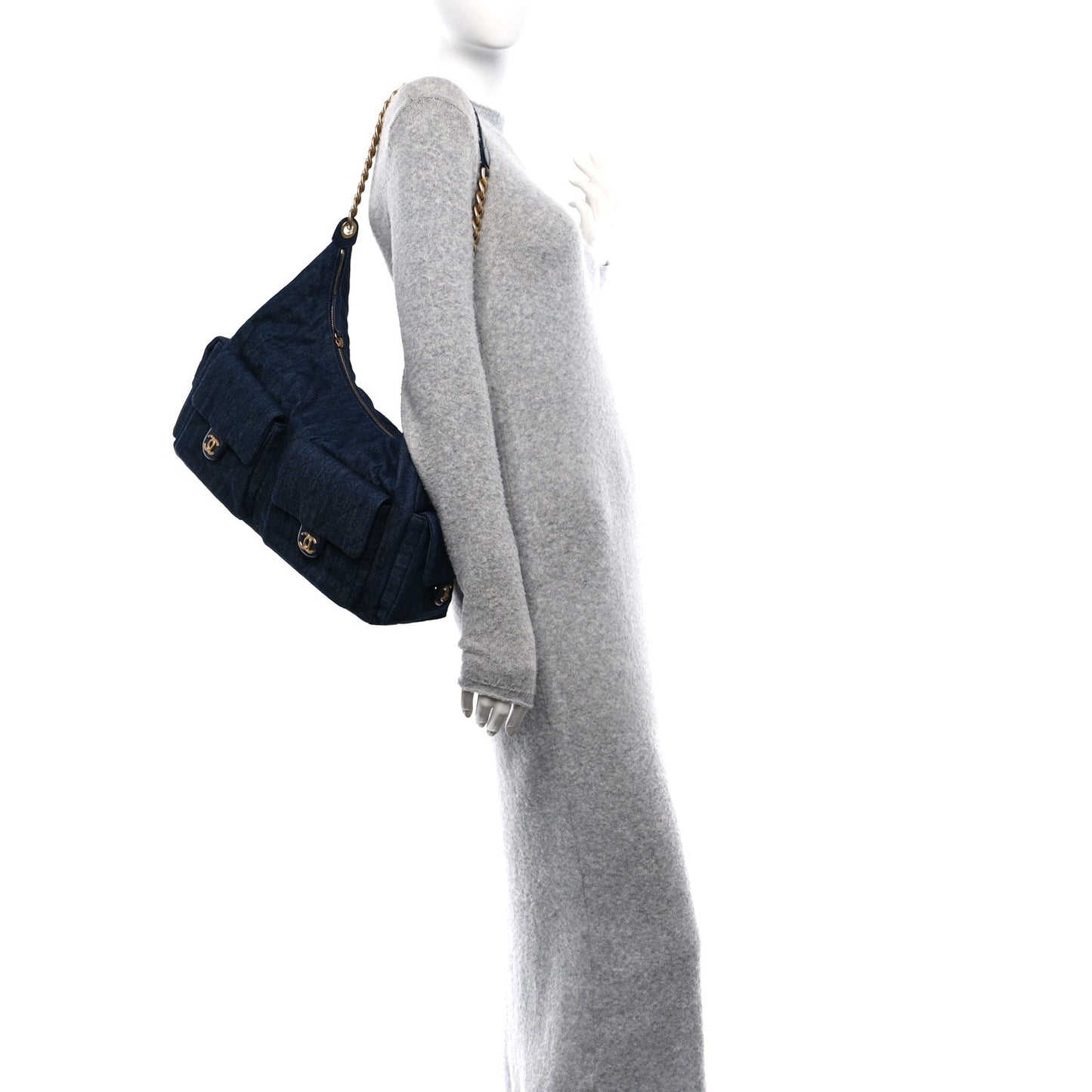 Washed Denim Quilted Cargo Maxi Hobo Dark Blue