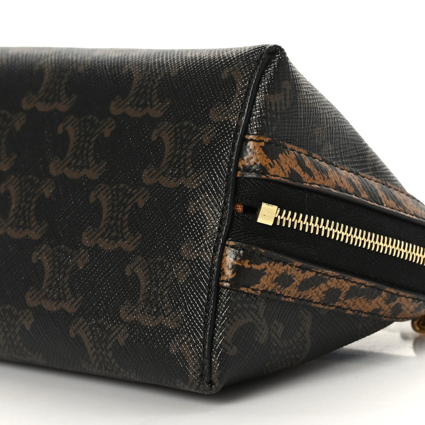 Triomphe Canvas Calfskin Leopard Print Mini Clutch on Chain Black Tan