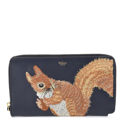Mulberry Smooth Calfskin Squirrel Embroidered Zip Around Clutch Wallet Navy 1 of 7