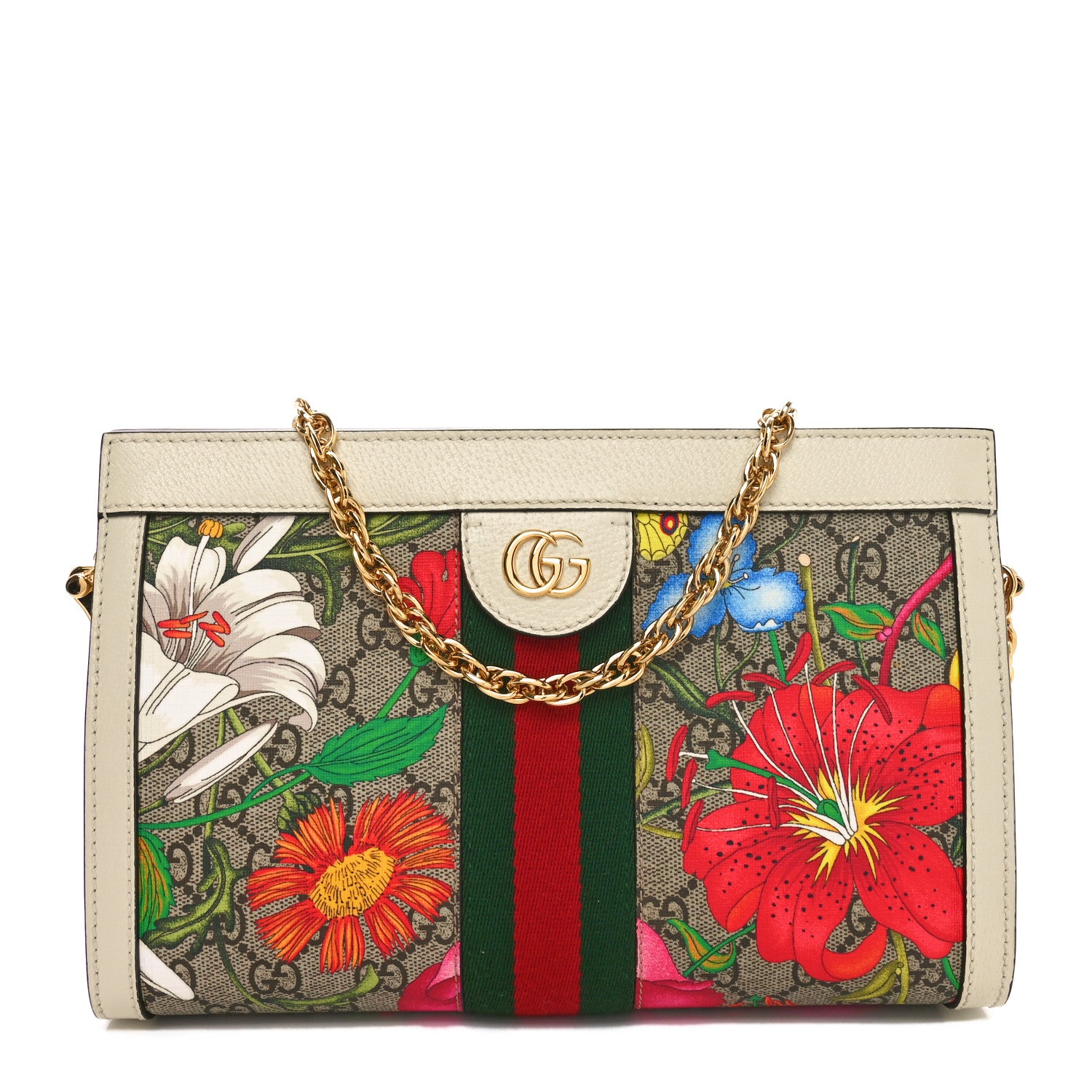 Gucci GG Supreme Monogram Flora Web Small Ophidia Chain Shoulder Bag White 1 of 10