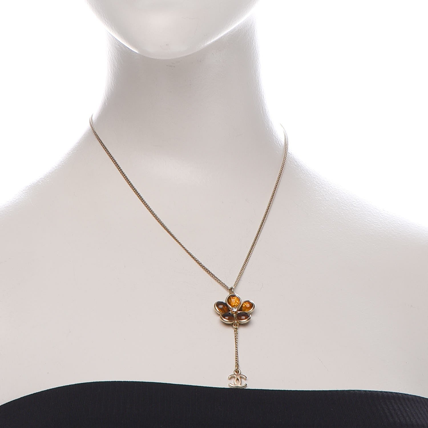 Chanel Crystal Gripoix CC Camellia Flower Drop Necklace Gold 2 of 5