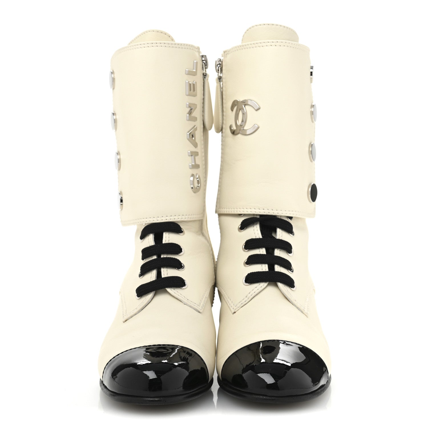 Chanel Calfskin Patent Cap Toe CC Lace Up Boots 38 Ivory Black 3 of 12