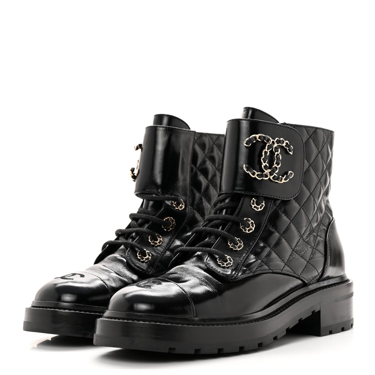 Shiny Calfskin Quilted Lace Up Combat Boots 38.5 Black