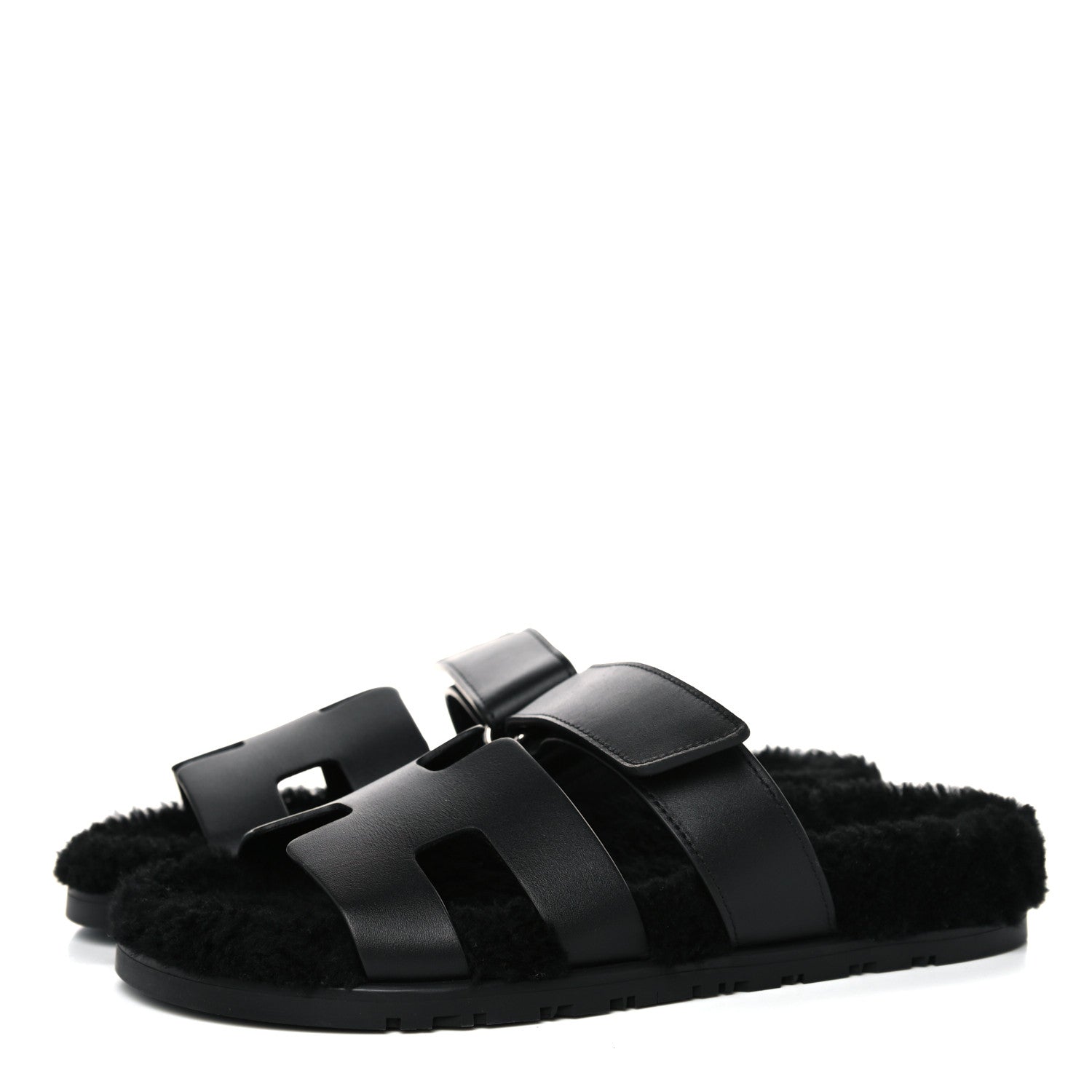 Hermes Calfskin Woolskin Womens Chypre Sandals 38 Black 3 of 9