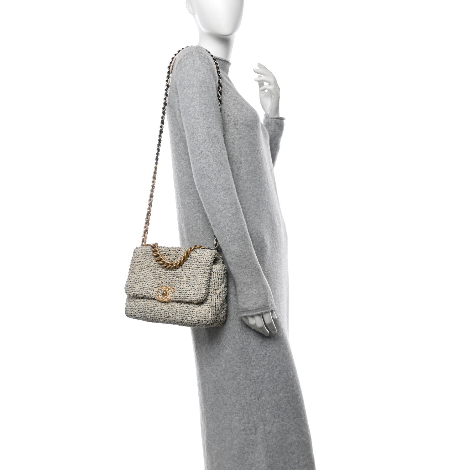 Chanel Tweed Quilted Medium Chanel 19 Flap Ecru Black 3 of 13