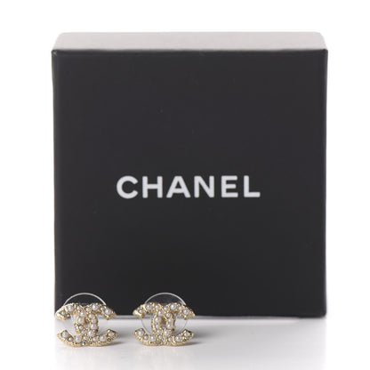Chanel Pearl Crystal CC Stud Earrings Gold 5 of 5