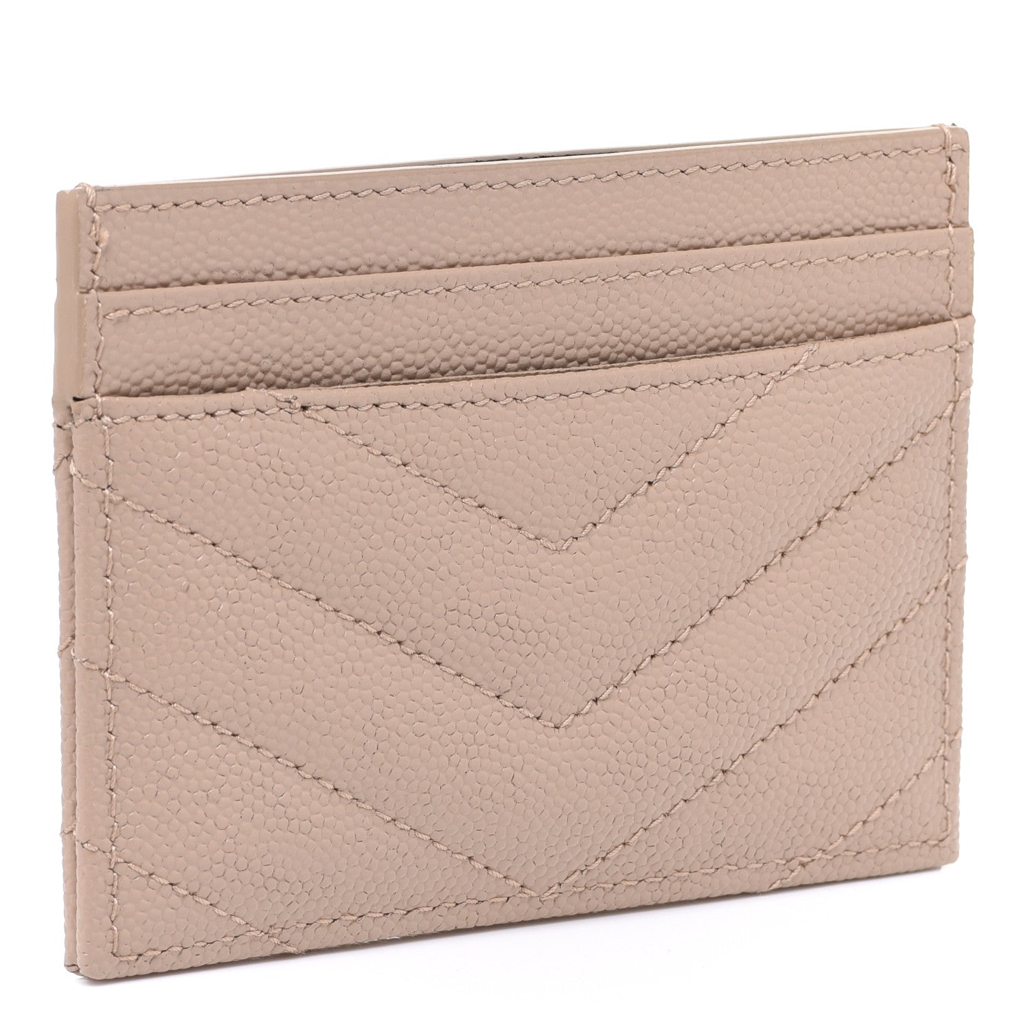 Saint Laurent Grain De Poudre Matelasse Chevron Monogram Credit Card Case Dark Beige 3 of 8