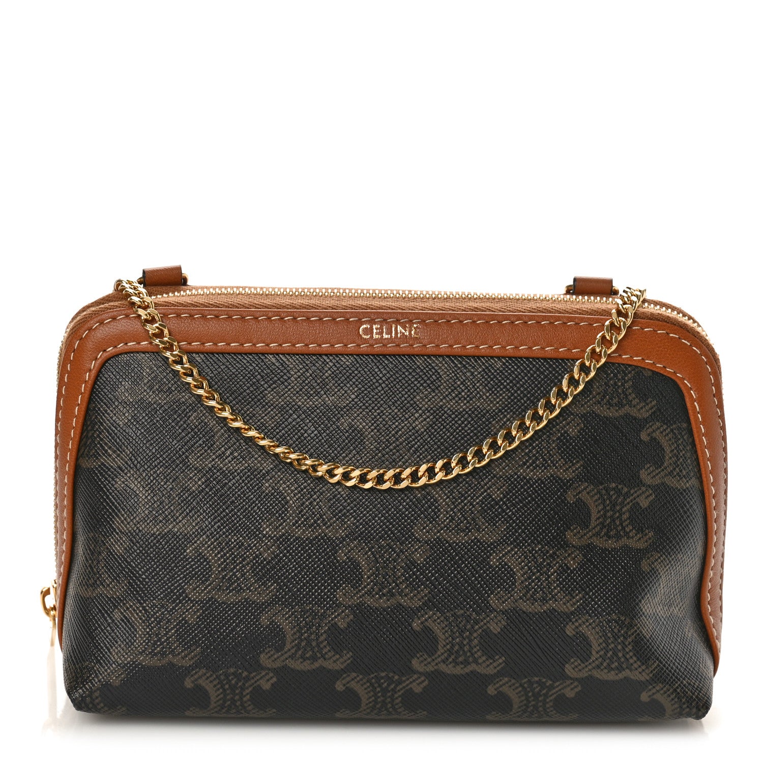 Celine Triomphe Canvas Lambskin Clutch On Chain Tan 1423458