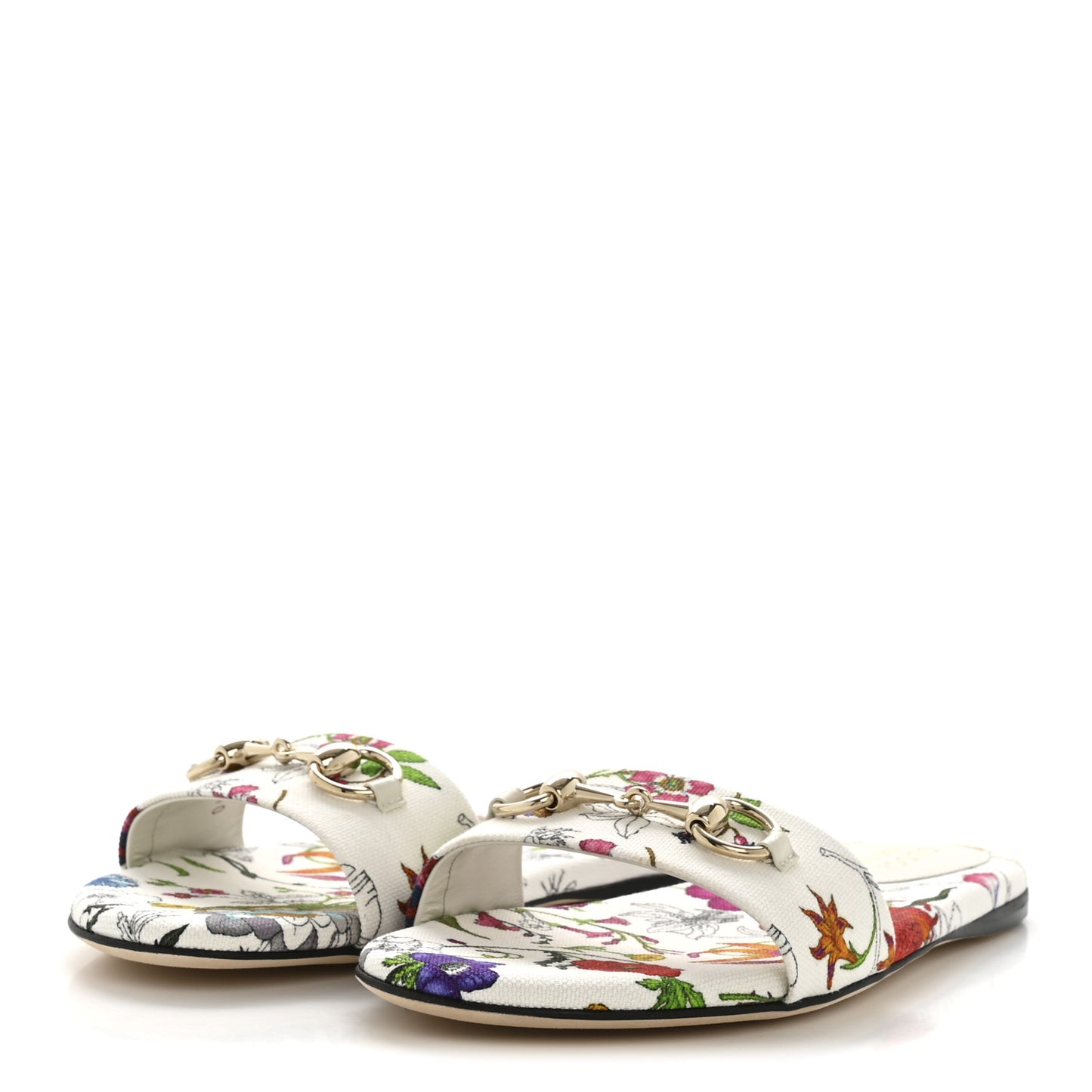 Canvas Flora Print Horsebit Slide Sandals 37 White