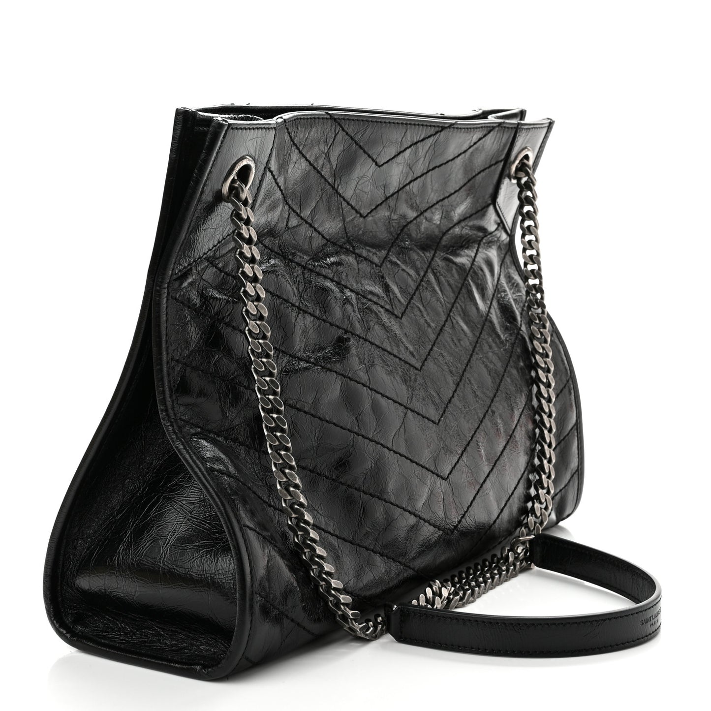 Crinkled Calfskin Matelasse Monogram Medium Niki Shopper Tote Black