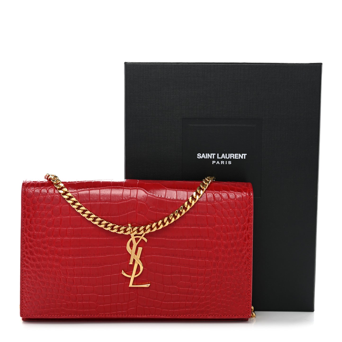 Calfskin Crocodile Embossed Monogram Chain Wallet New Lipstick Red