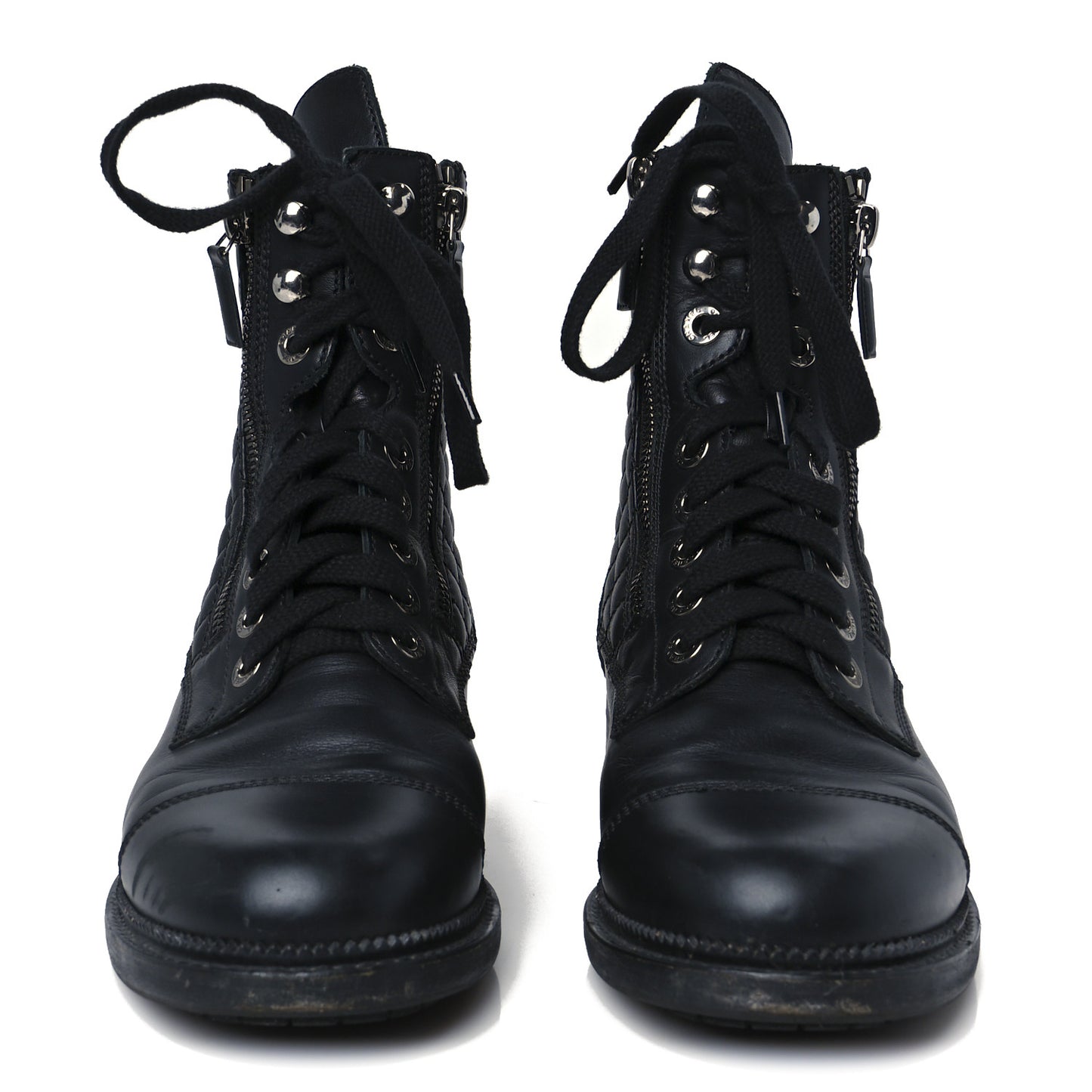 Calfskin Quilted Lace Up Combat Boots 39 Black