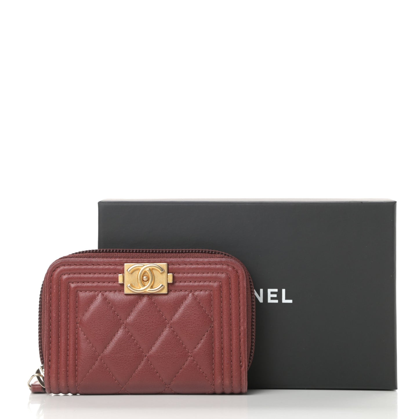 Lambskin Quilted Zip Around Boy Coin Purse Wallet Burgundy