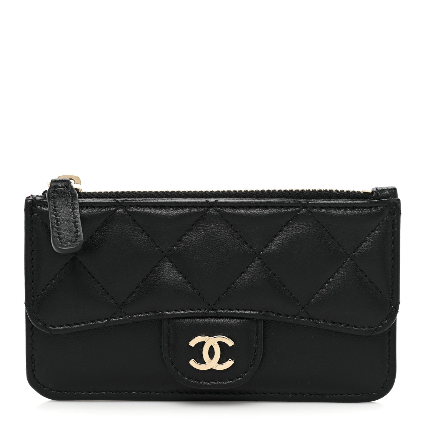Lambskin Quilted Flap Zip Card Holder Black