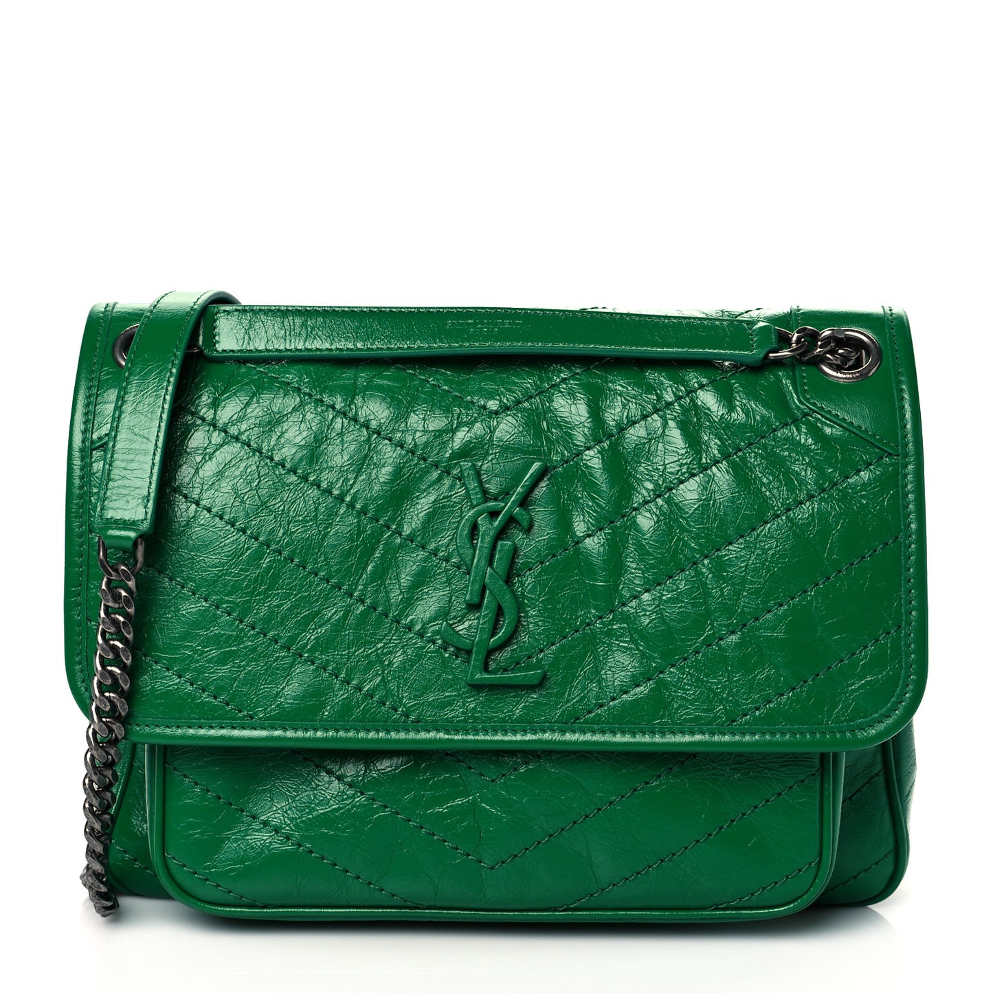 Crinkled Calfskin Matelasse Monogram Medium Niki Chain Satchel New Vert Praire