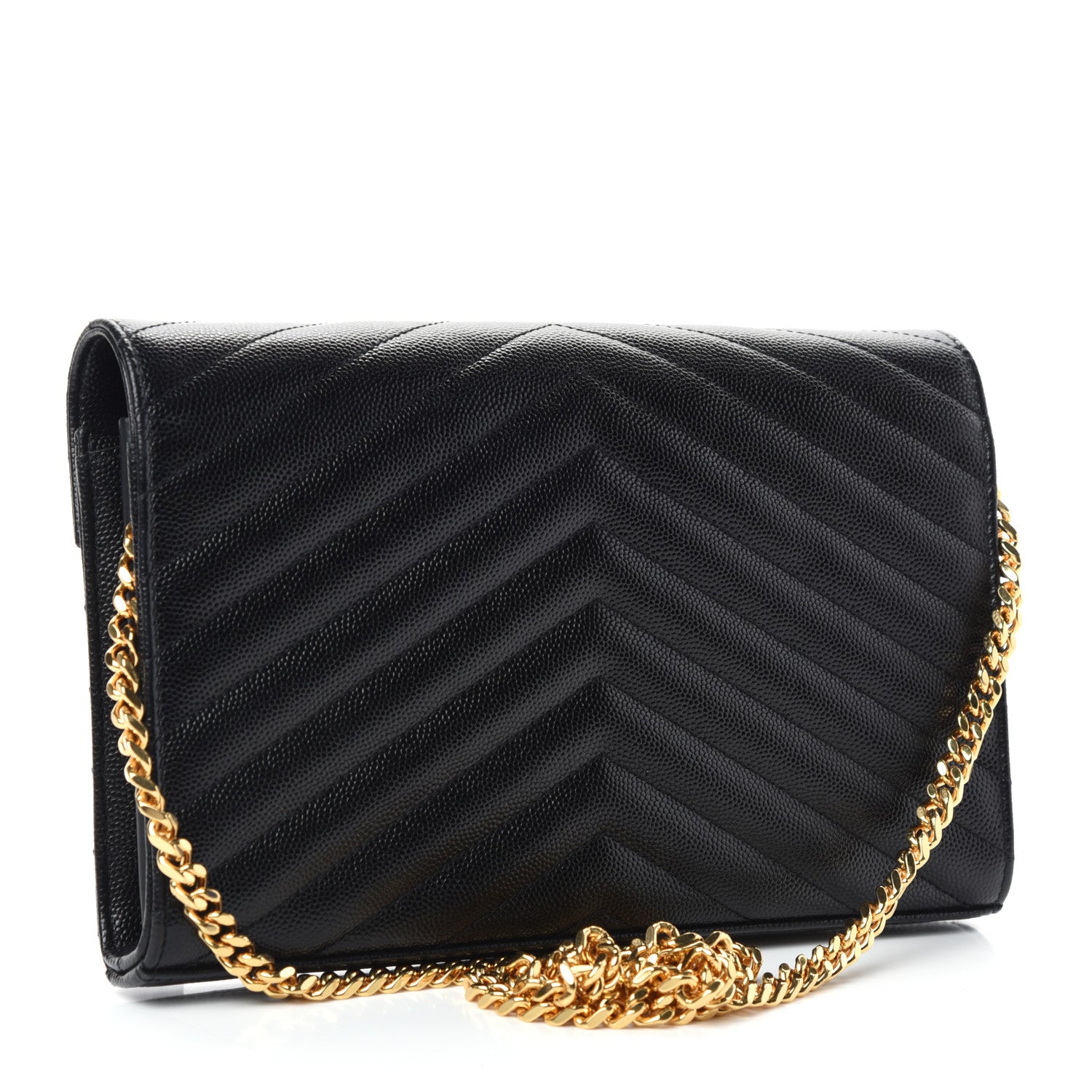 Saint Laurent Grain De Poudre Matelasse Chevron Monogram Chain Wallet Black 3 of 11
