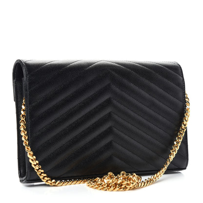 Saint Laurent Grain De Poudre Matelasse Chevron Monogram Chain Wallet Black 3 of 11