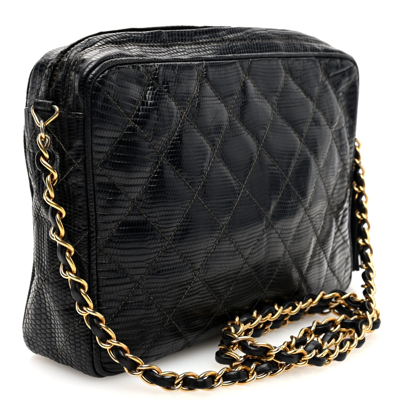 Lizard Quilted Small Tassel Camera Case Black