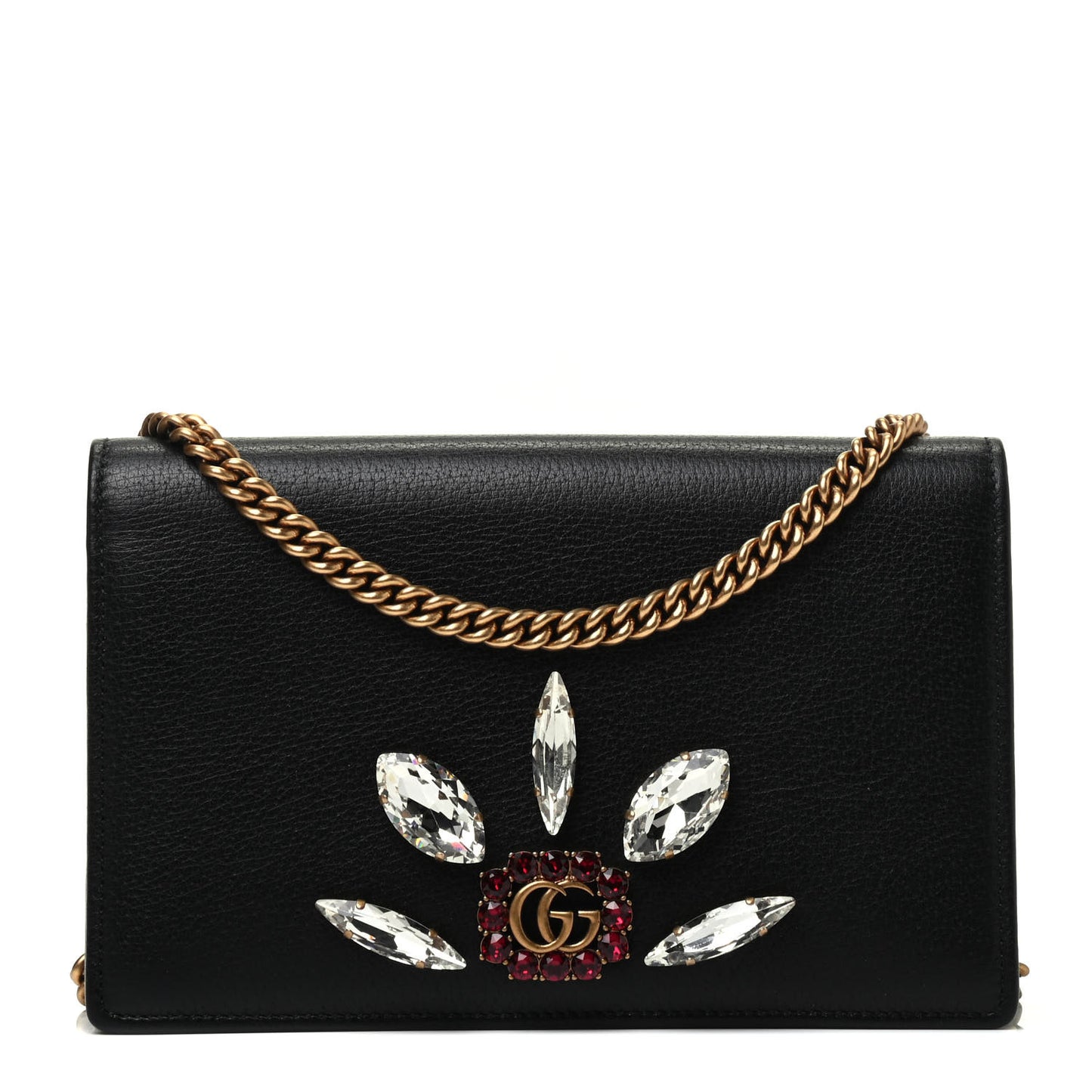 Calfskin Marquise Crystals Mini GG Chain Wallet Black