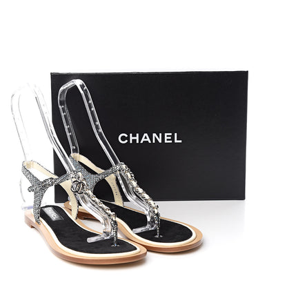 Chanel Goatskin Velvet Fantasy CC Chain Thong Sandals 41.5 Silver Ivory 9 of 9