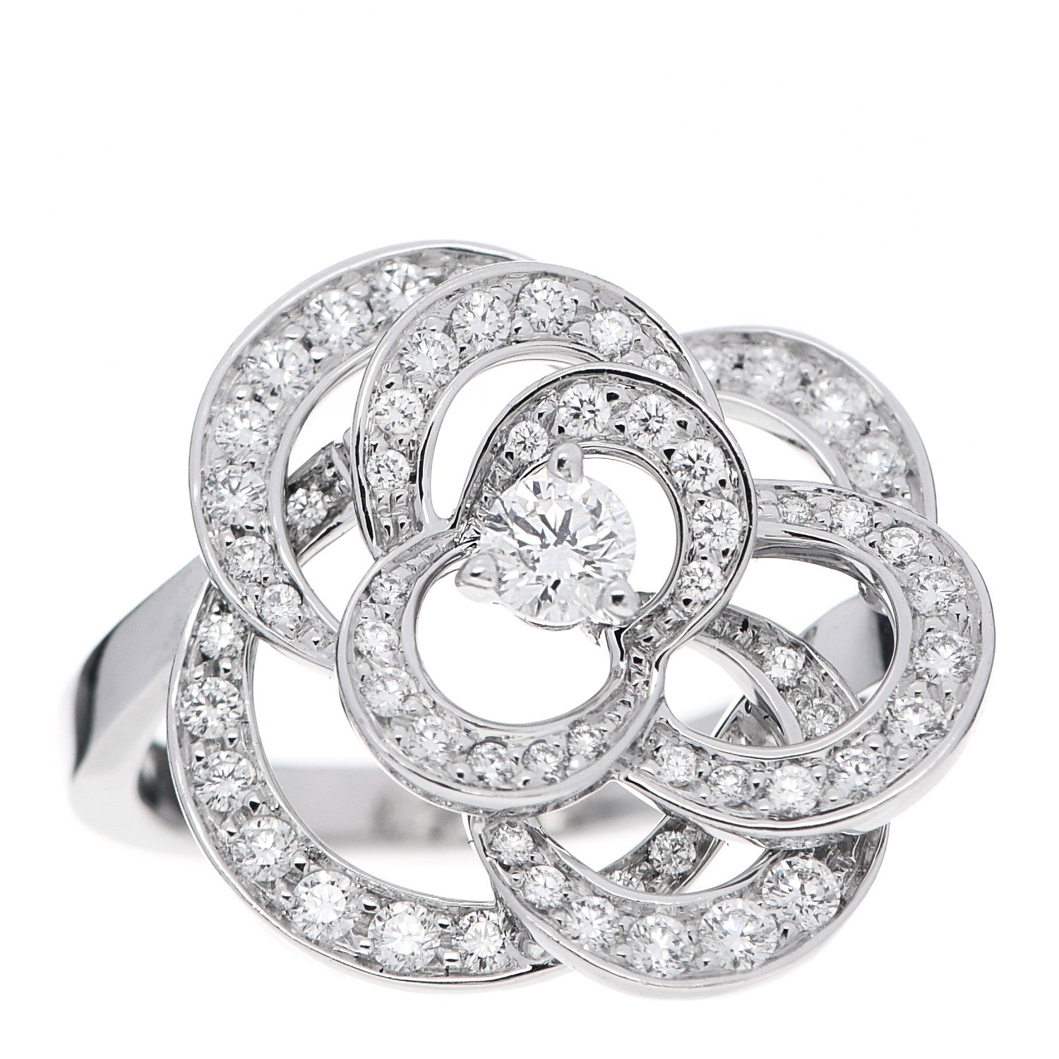 Chanel 18K White Gold Diamond Fil de Camelie Ring 49 5 1 of 7