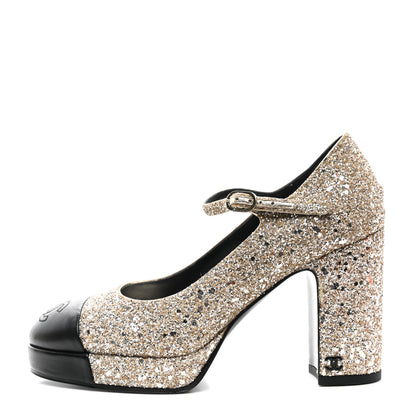 Chanel Glitter Lambskin Cap Toe CC Mary Jane Pumps 36 Light Gold Black 1 of 12