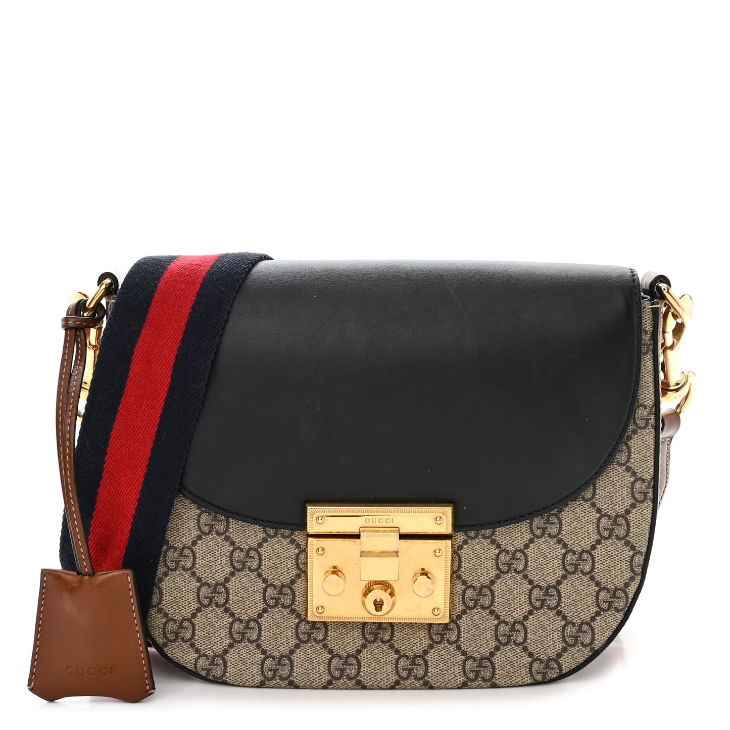 GG Supreme Monogram Web Medium Padlock Messenger Shoulder Bag Black