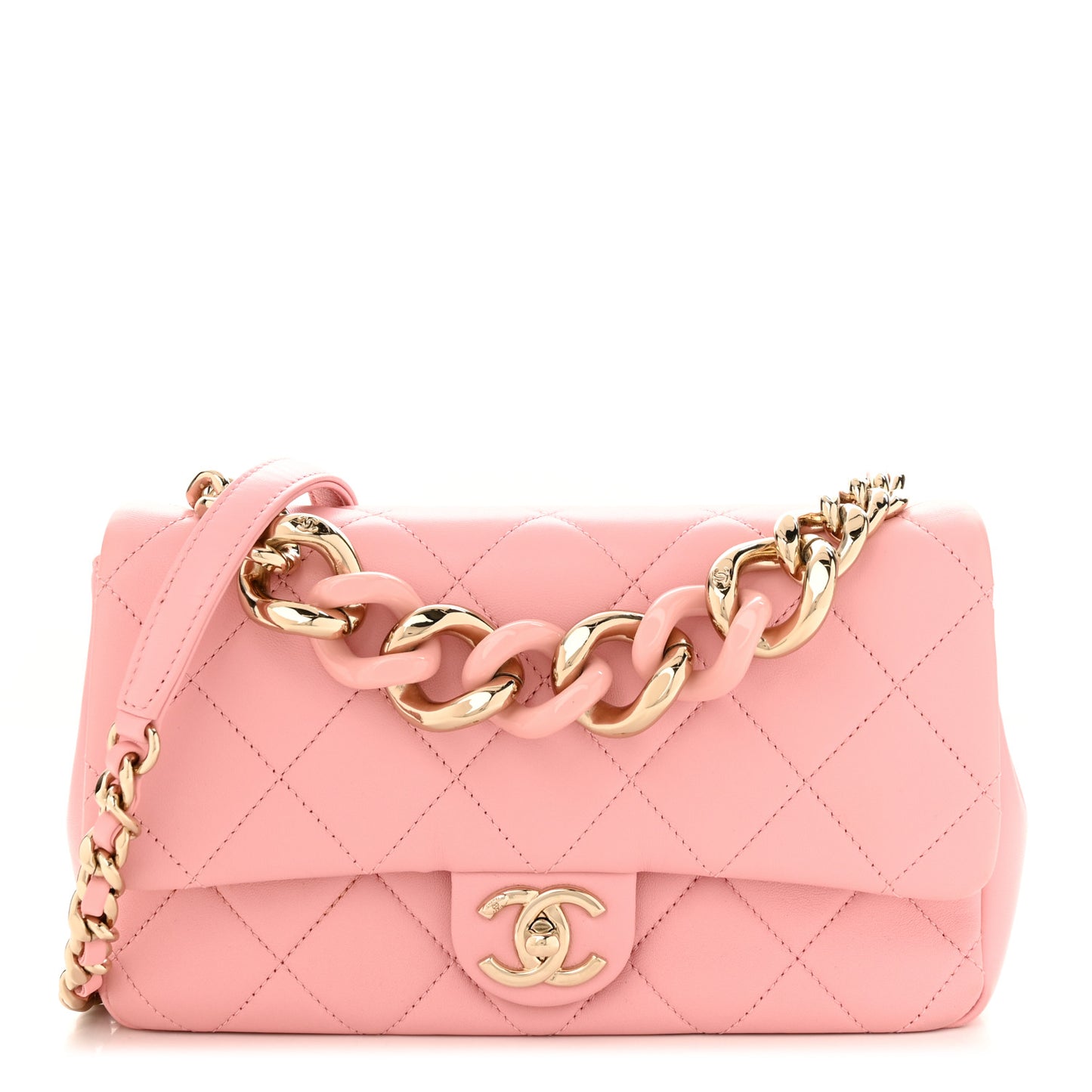 Lambskin Quilted Resin Bi-Color Chain Flap Bag Pink