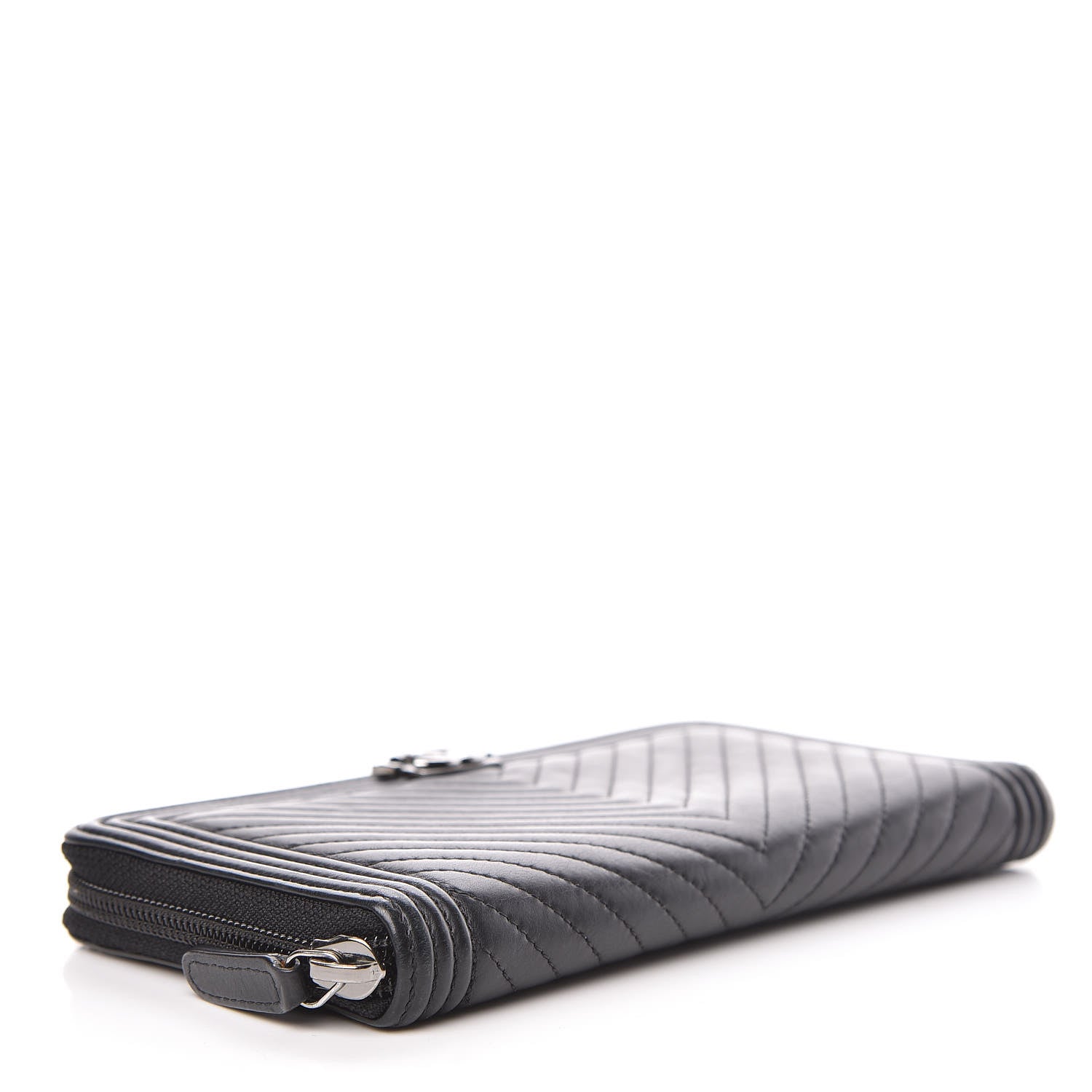 Chanel Lambskin Chevron Quilted Zip Around Boy Wallet Black 4 of 8