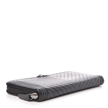 Chanel Lambskin Chevron Quilted Zip Around Boy Wallet Black 4 of 8