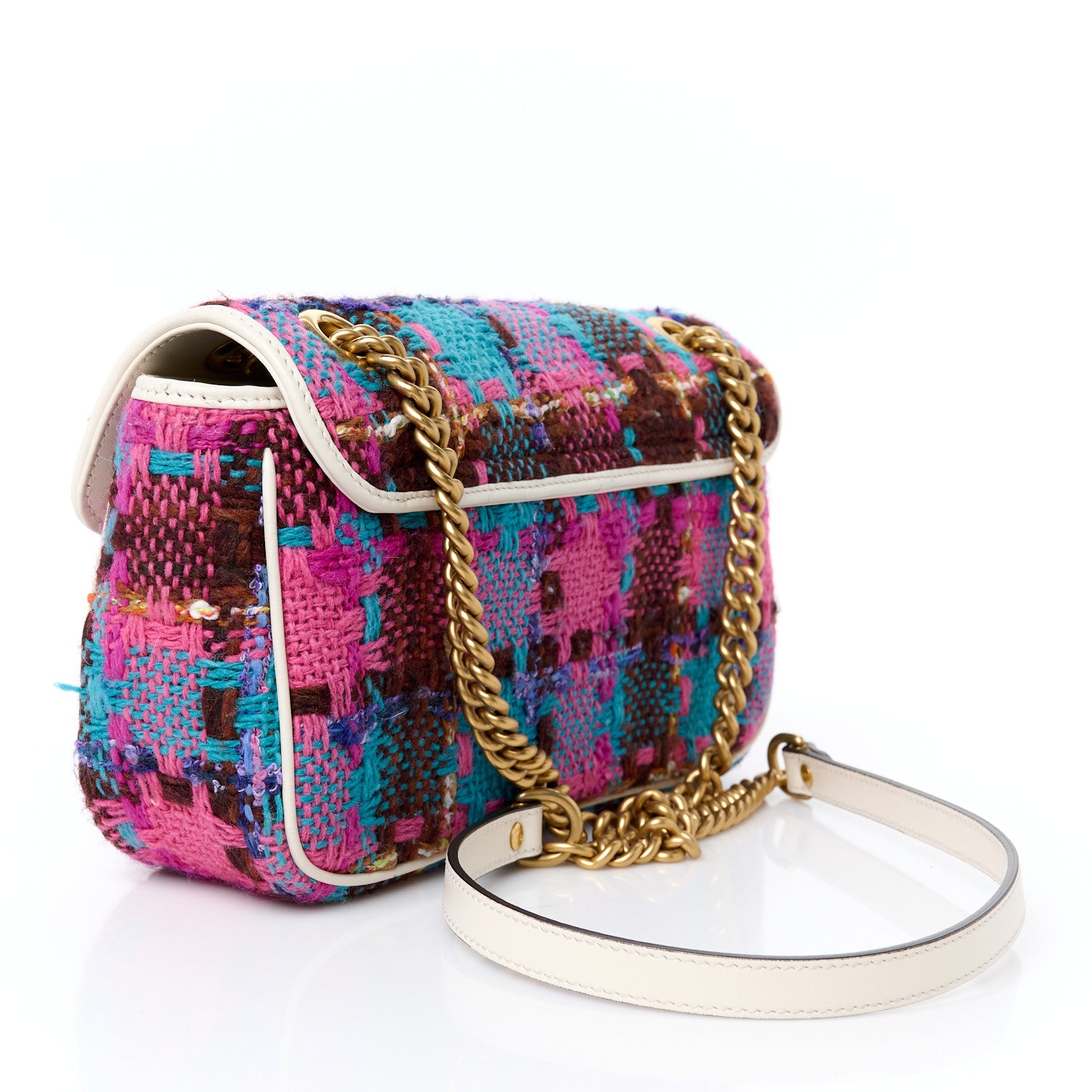 Gucci Tweed Calfskin Spicy Check Small GG Marmont Shoulder Bag Pink Multicolor Mystic White 3 of 10