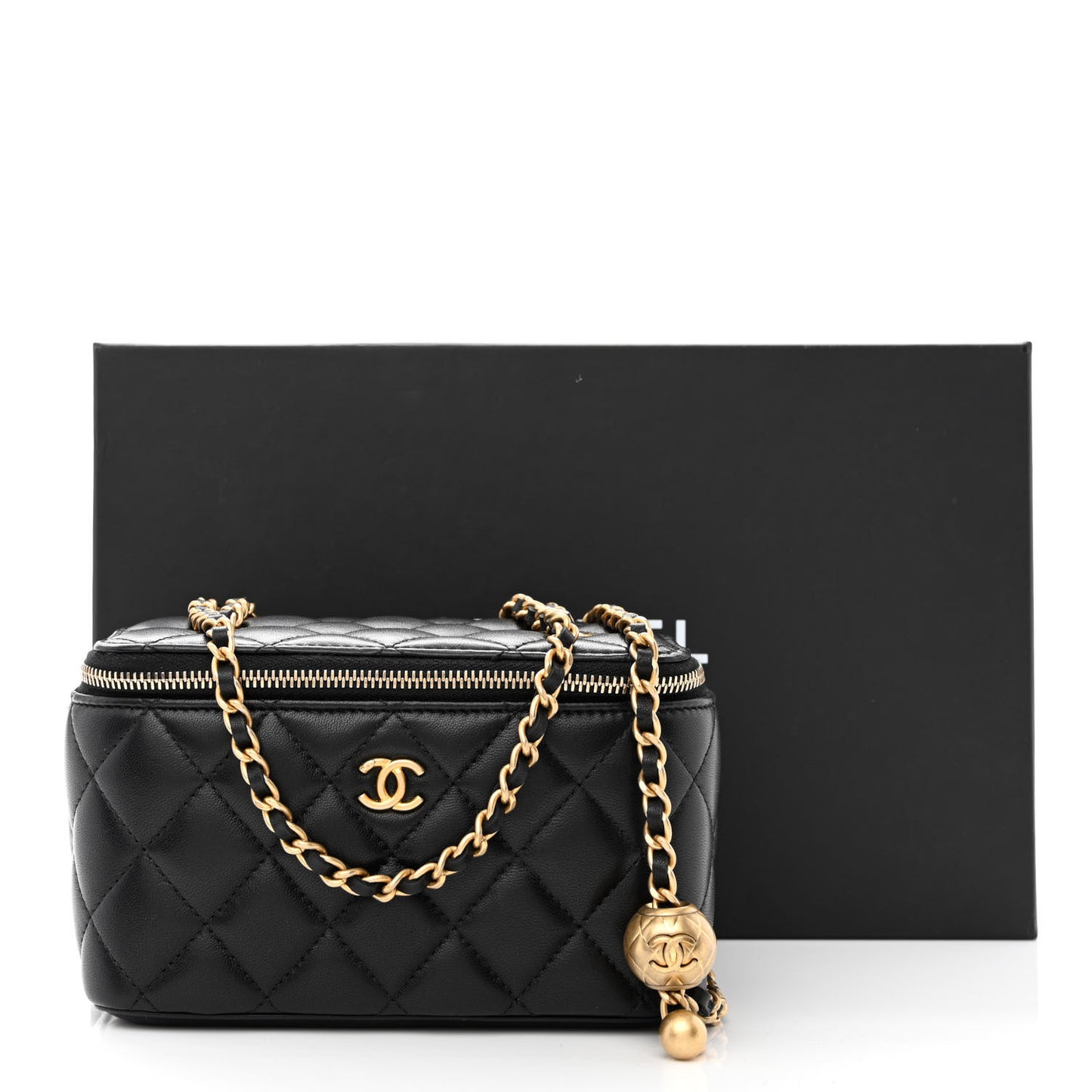 Lambskin Quilted Small Pearl Crush Vanity Case With Chain Black