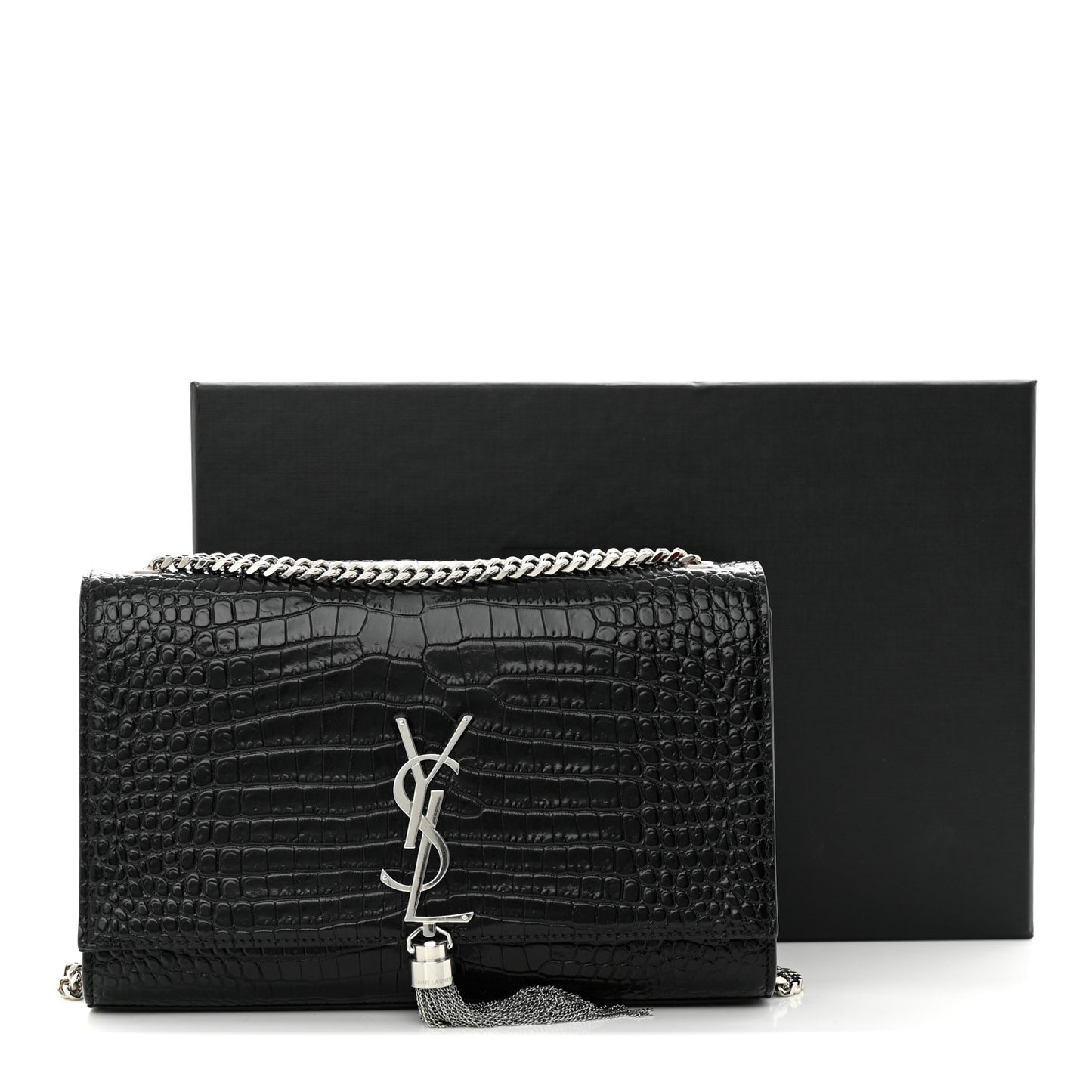 Calfskin Crocodile Embossed Medium Classic Monogram Kate Tassel Satchel Black