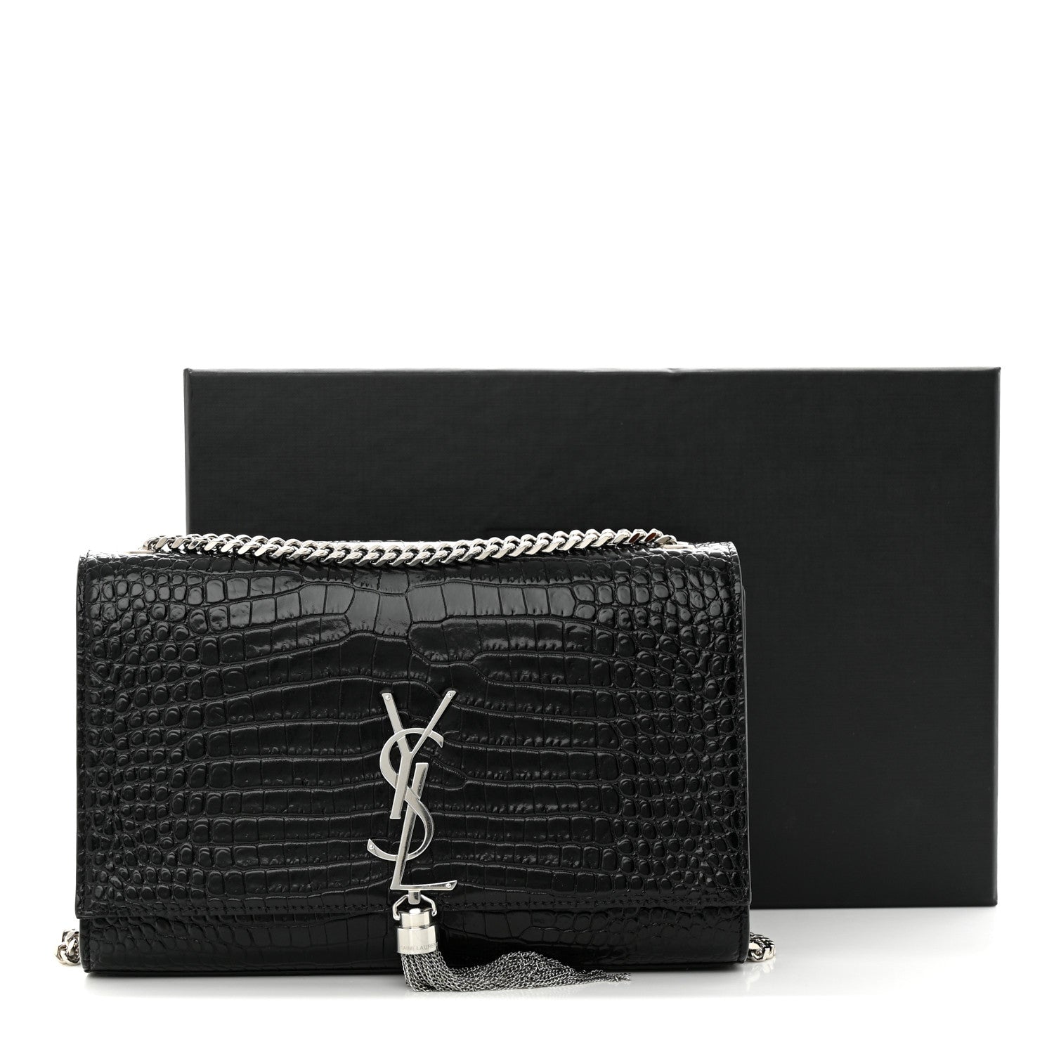Saint Laurent Calfskin Crocodile Embossed Medium Classic Monogram Kate Tassel Satchel Black 11 of 11