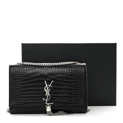 Saint Laurent Calfskin Crocodile Embossed Medium Classic Monogram Kate Tassel Satchel Black 11 of 11