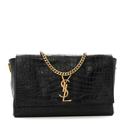 Saint Laurent Calfskin Crocodile Embossed Suede Medium Reversible Monogram Kate Satchel Military Taupe 1 of 12