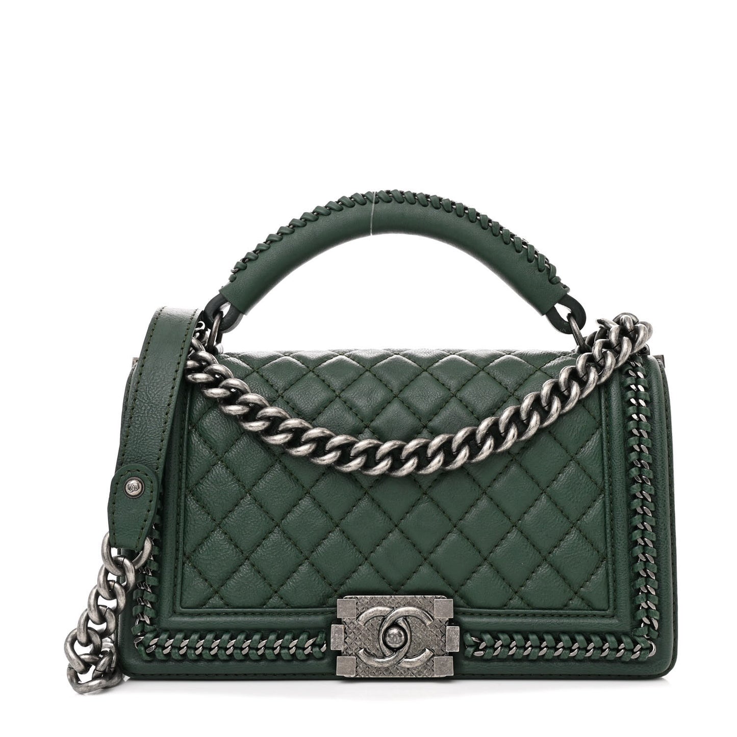 Calfskin Quilted Medium Boy Top Handle Flap Green